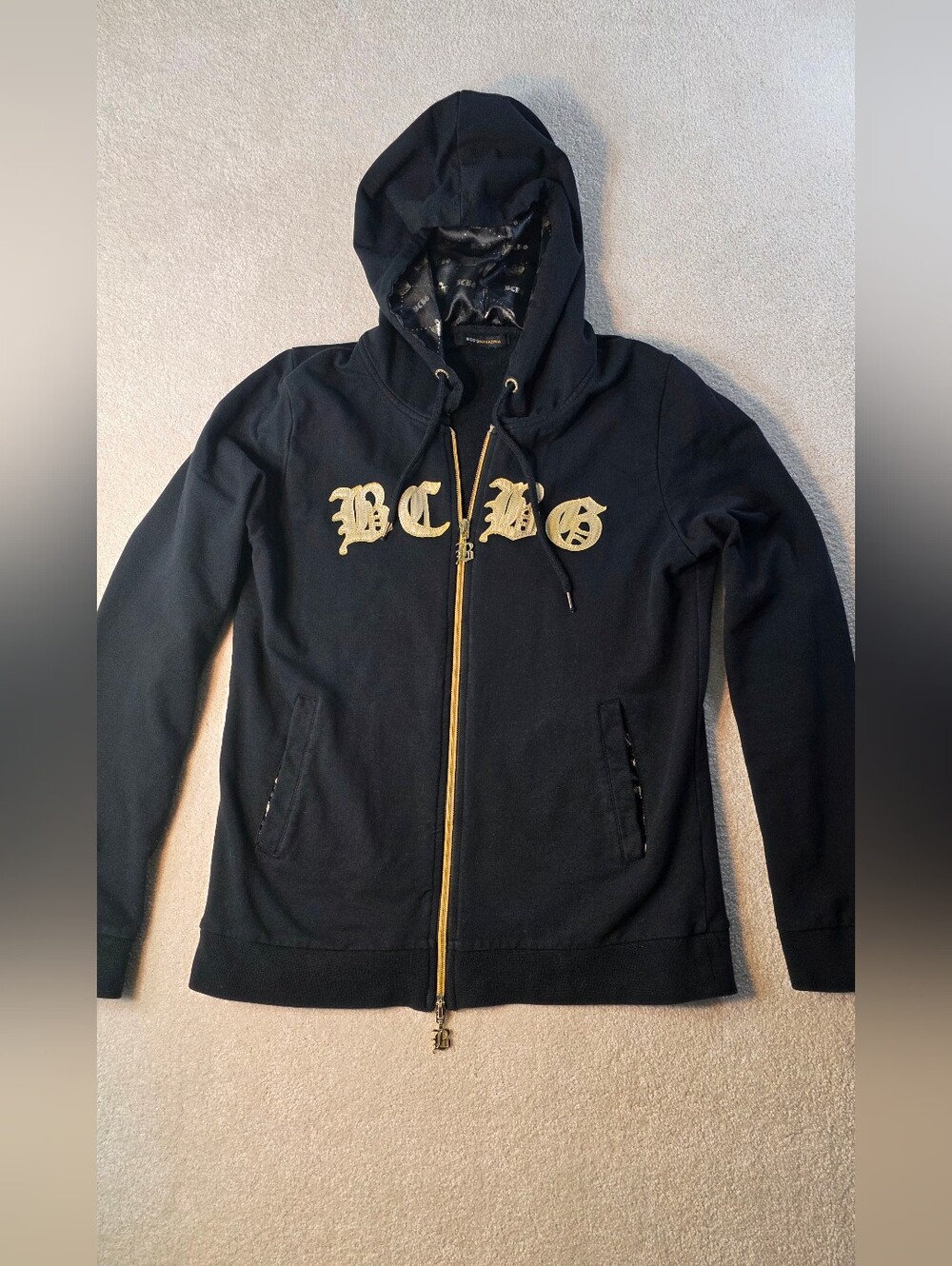 BCBG MAXAZRIA Black Gold Full Zip Hoodie Crown Emblem Blingy Street Y2K L